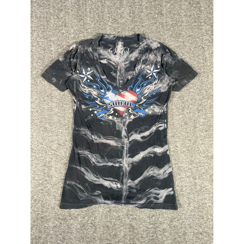 Sinful by Affliction Womens Large V-Neck T-Shirt Acid Wash Winged Flag Heart Y2K